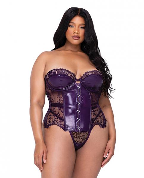 Sugar Plum Scalloped Eyelash Lace and Faux Leather Bustier with Steel Boning and Thong