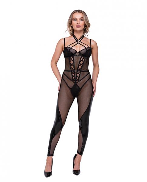 Flirty Fetish Fishnet and Faux Leather Catsuit with Satin Trim