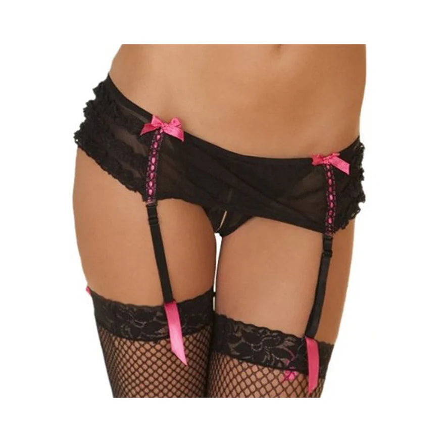 Crotchless Mesh Skirted Thong with Removable Garters