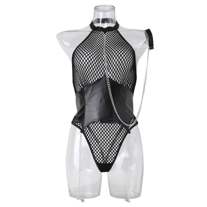 Chic Chain Neck Handcuffs Sexy Jumpsuit with Open Back