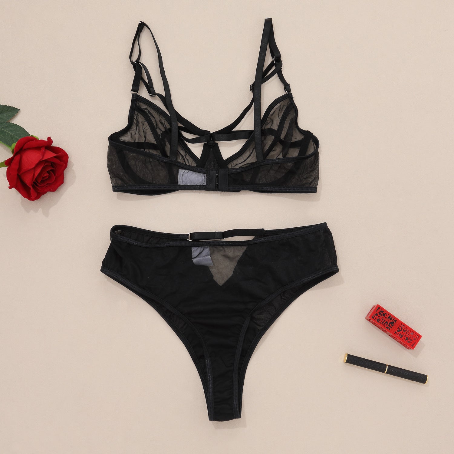 Chic Sexy Lingerie Mesh Bra Set with Cross Hollow Panty - Lingerie