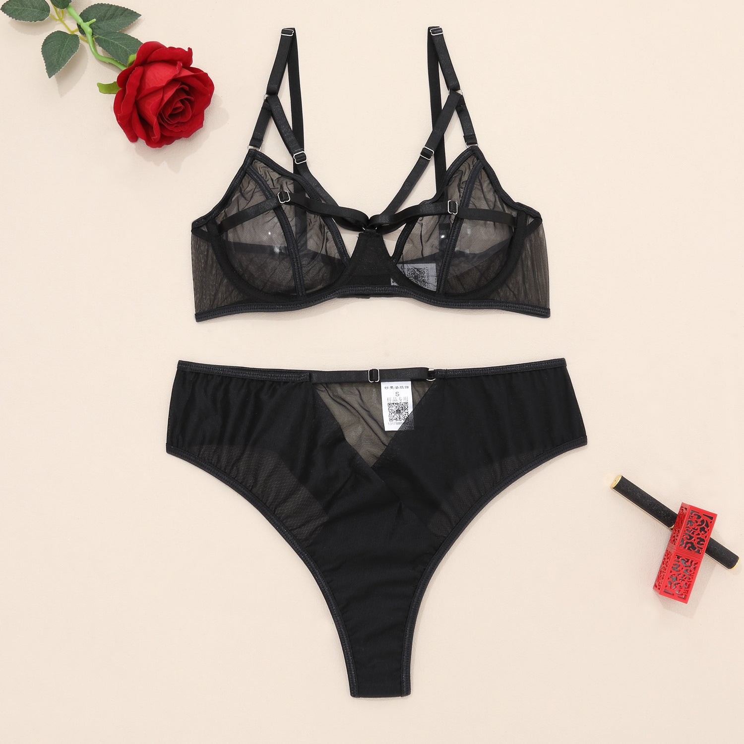 Chic Sexy Lingerie Mesh Bra Set with Cross Hollow Panty - Lingerie