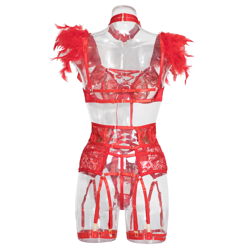 Christmas Sheer Mesh Bra Set with Embroidered Flowers