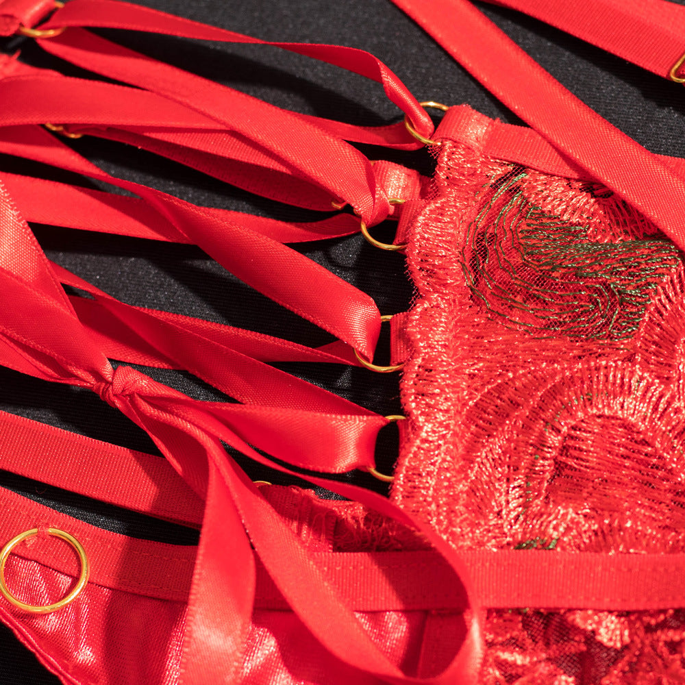 Christmas Sheer Mesh Bra Set with Embroidered Flowers