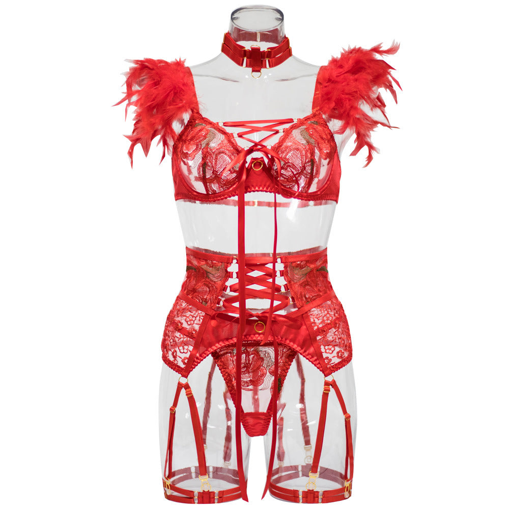 Christmas Sheer Mesh Bra Set with Embroidered Flowers