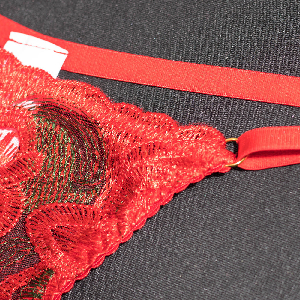 Christmas Sheer Mesh Bra Set with Embroidered Flowers