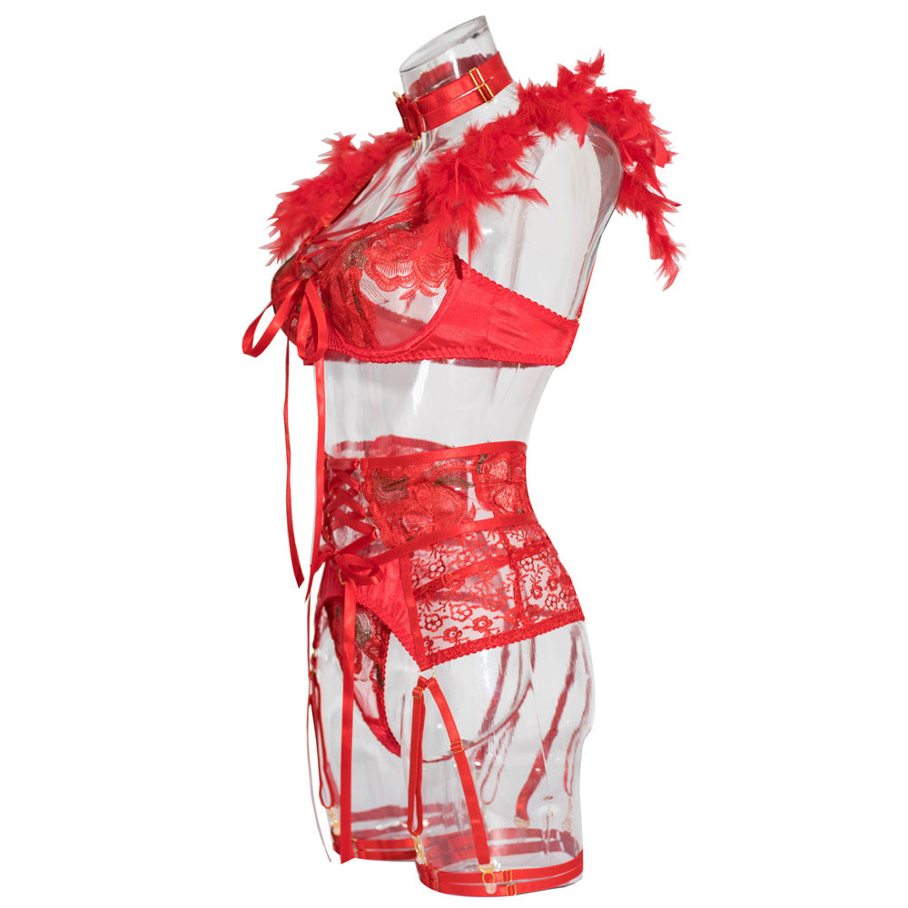 Christmas Sheer Mesh Bra Set with Embroidered Flowers