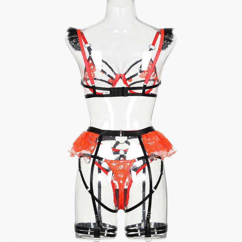 Contrasting Sheer Lace Trio with Ruffled Garters