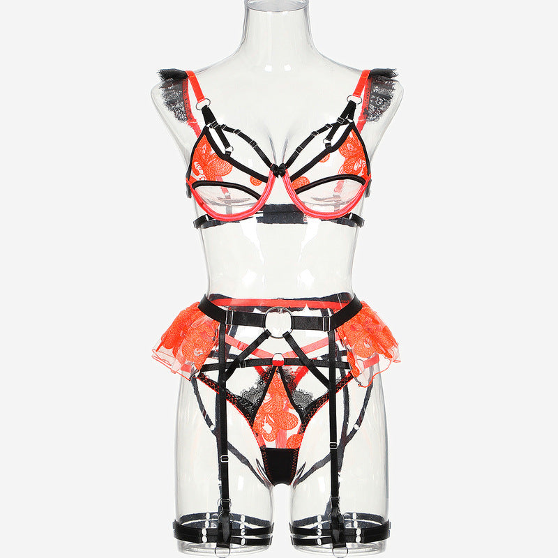 Contrasting Sheer Lace Trio with Ruffled Garters