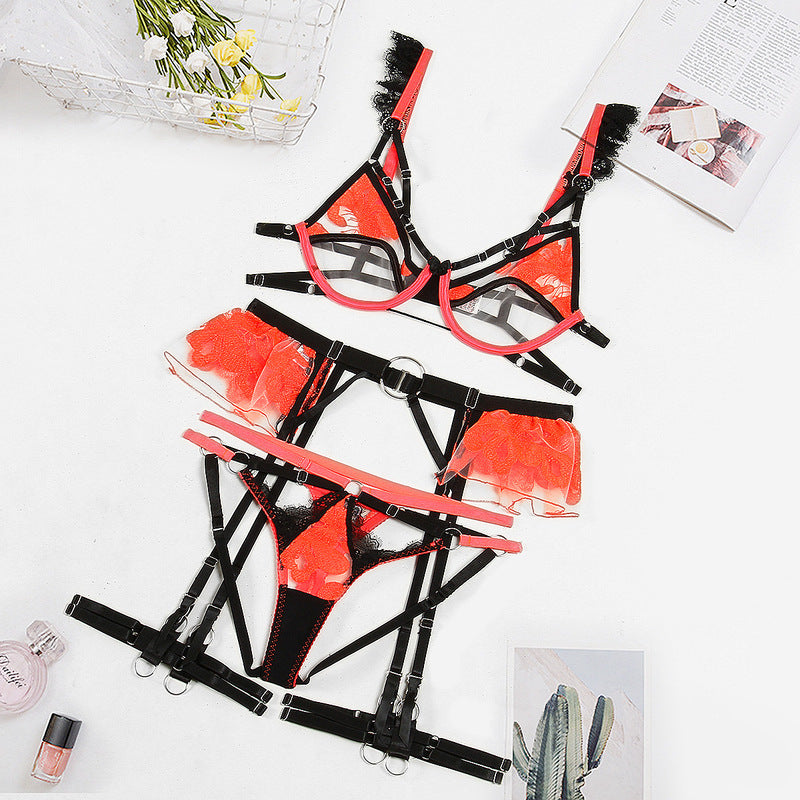 Contrasting Sheer Lace Trio with Ruffled Garters