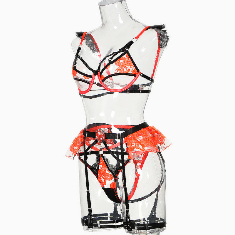 Contrasting Sheer Lace Trio with Ruffled Garters