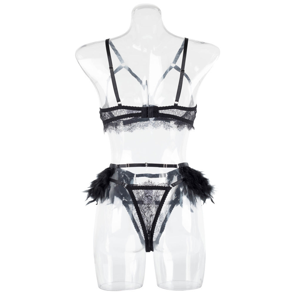 Cupless Metal Chain Bra Three-Piece Set with Feather Waist