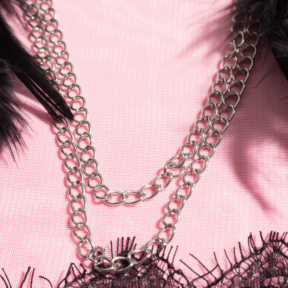 Cupless Metal Chain Bra Three-Piece Set with Feather Waist