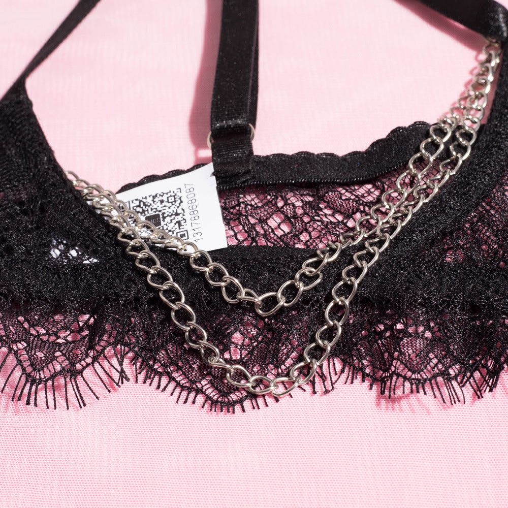 Cupless Metal Chain Bra Three-Piece Set with Feather Waist