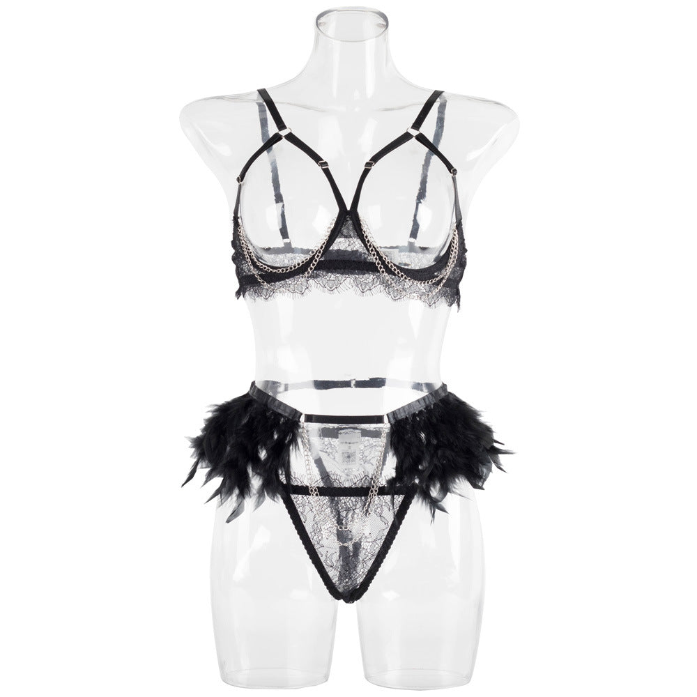 Cupless Metal Chain Bra Three-Piece Set with Feather Waist