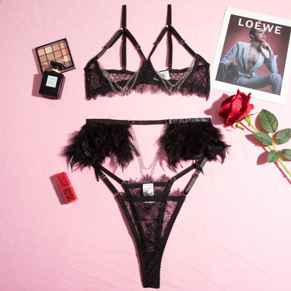 Cupless Metal Chain Bra Three-Piece Set with Feather Waist