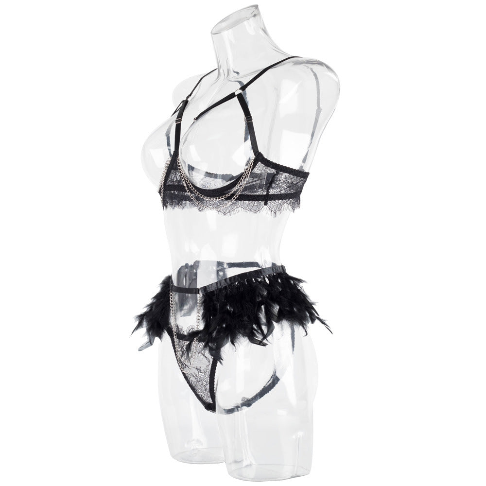 Cupless Metal Chain Bra Three-Piece Set with Feather Waist