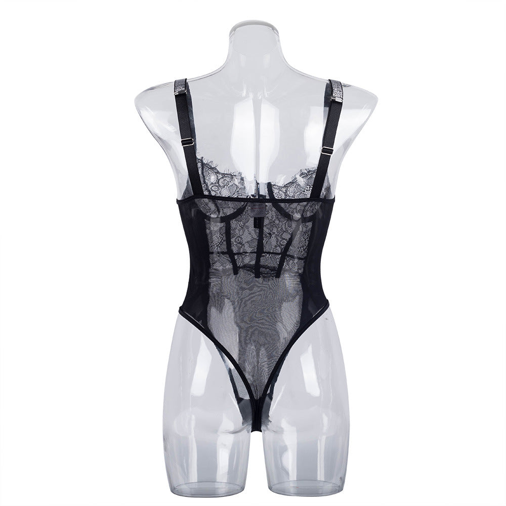 Elegant Black Lace Bodysuit with Ultra-Thin Mesh and Glitter - Lingerie