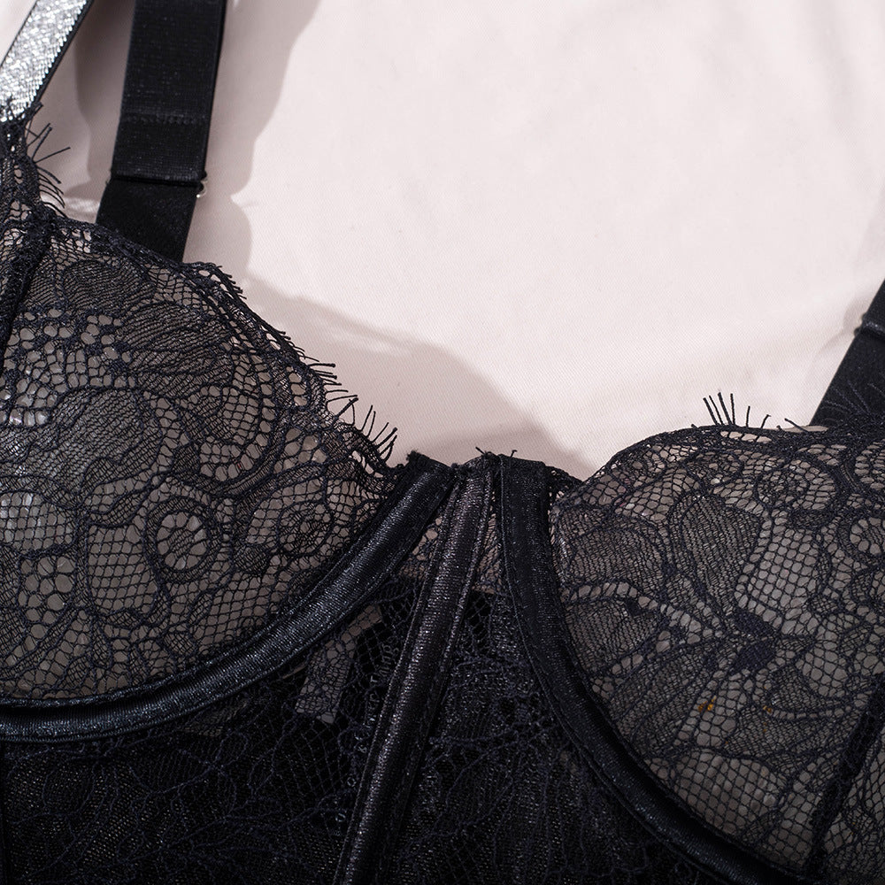 Elegant Black Lace Bodysuit with Ultra-Thin Mesh and Glitter - Lingerie
