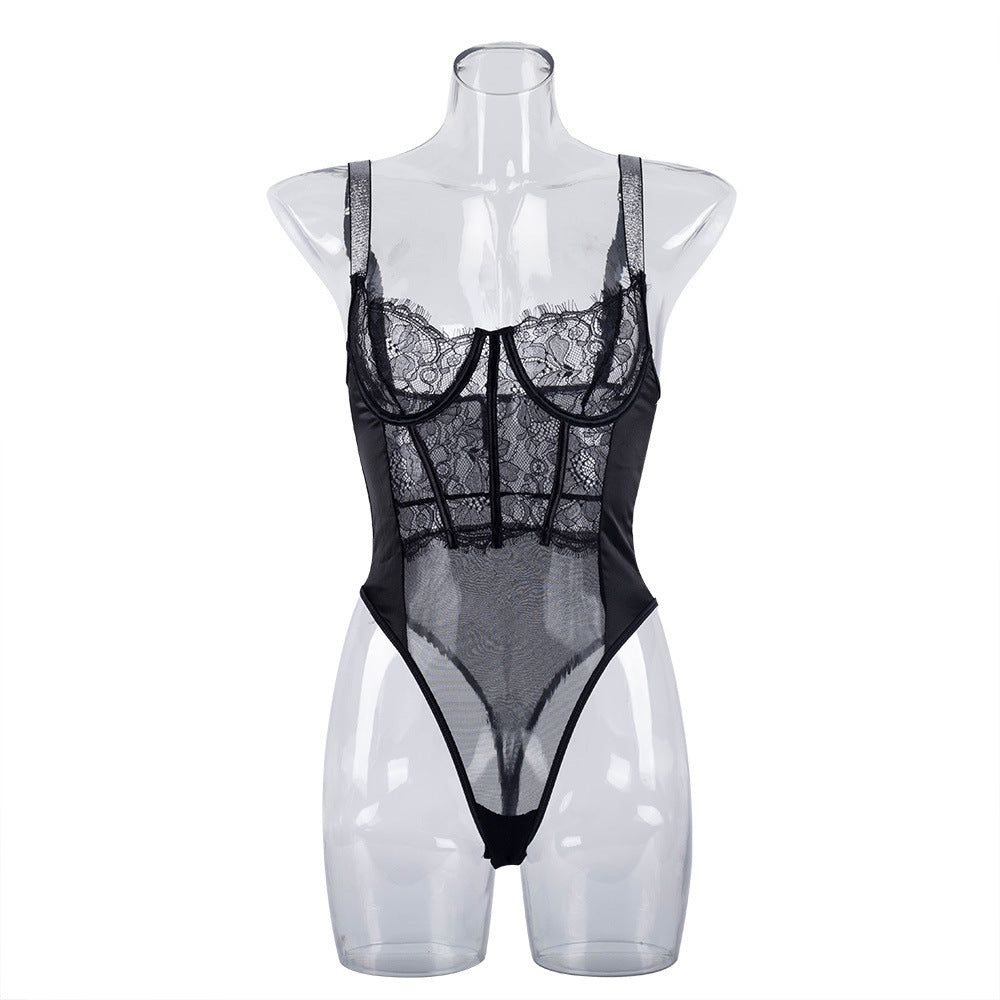 Elegant Black Lace Bodysuit with Ultra-Thin Mesh and Glitter - Lingerie