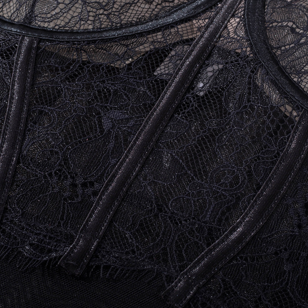 Elegant Black Lace Bodysuit with Ultra-Thin Mesh and Glitter - Lingerie