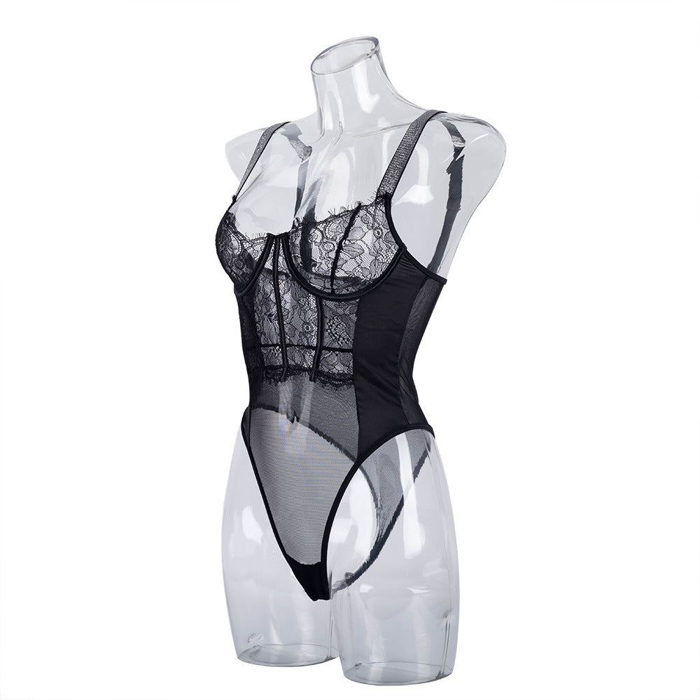 Elegant Black Lace Bodysuit with Ultra-Thin Mesh and Glitter - Lingerie