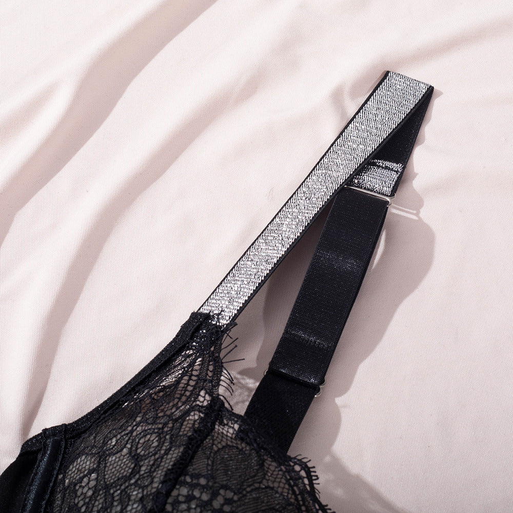 Elegant Black Lace Bodysuit with Ultra-Thin Mesh and Glitter - Lingerie