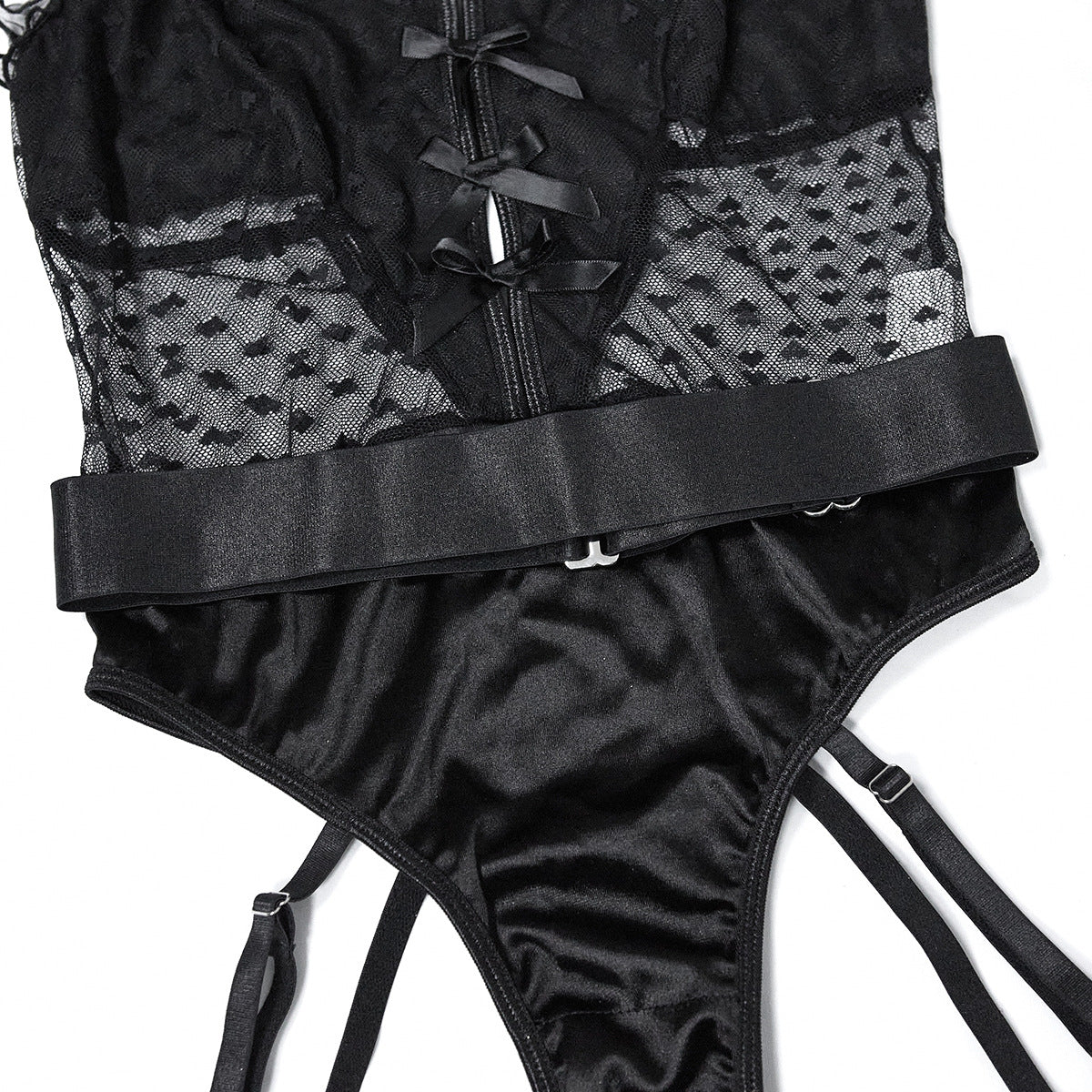 Elegant Garter Bodysuit with Love-Spotted Mesh