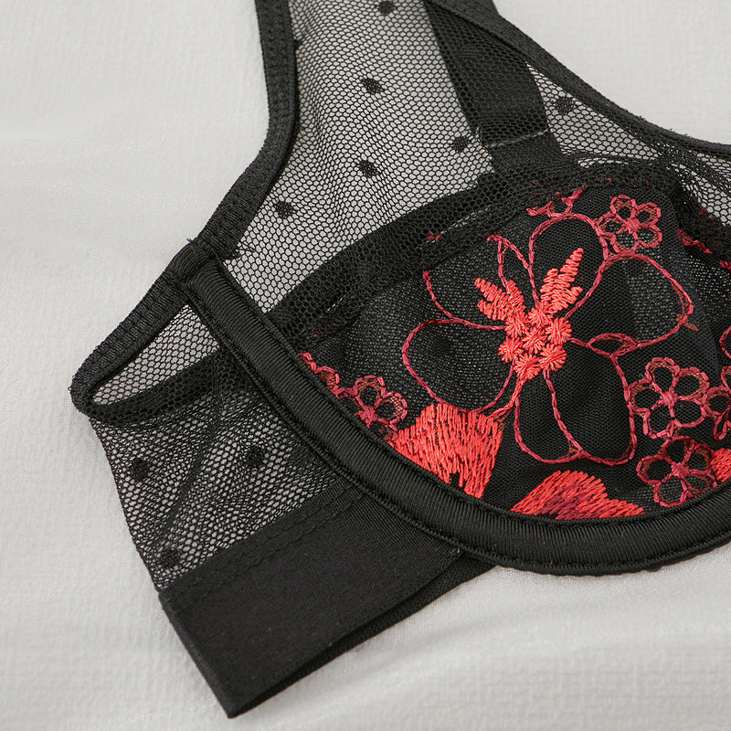 Embroidered Mesh Bra and Panty Set with Red Floral