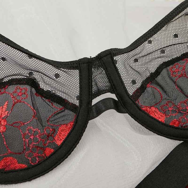 Embroidered Mesh Bra and Panty Set with Red Floral