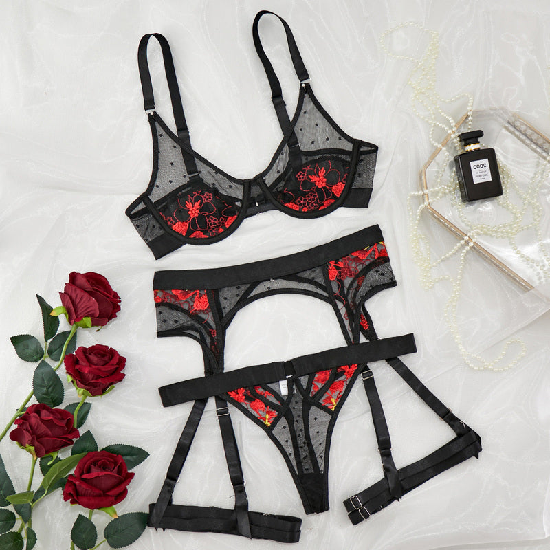 Embroidered Mesh Bra and Panty Set with Red Floral