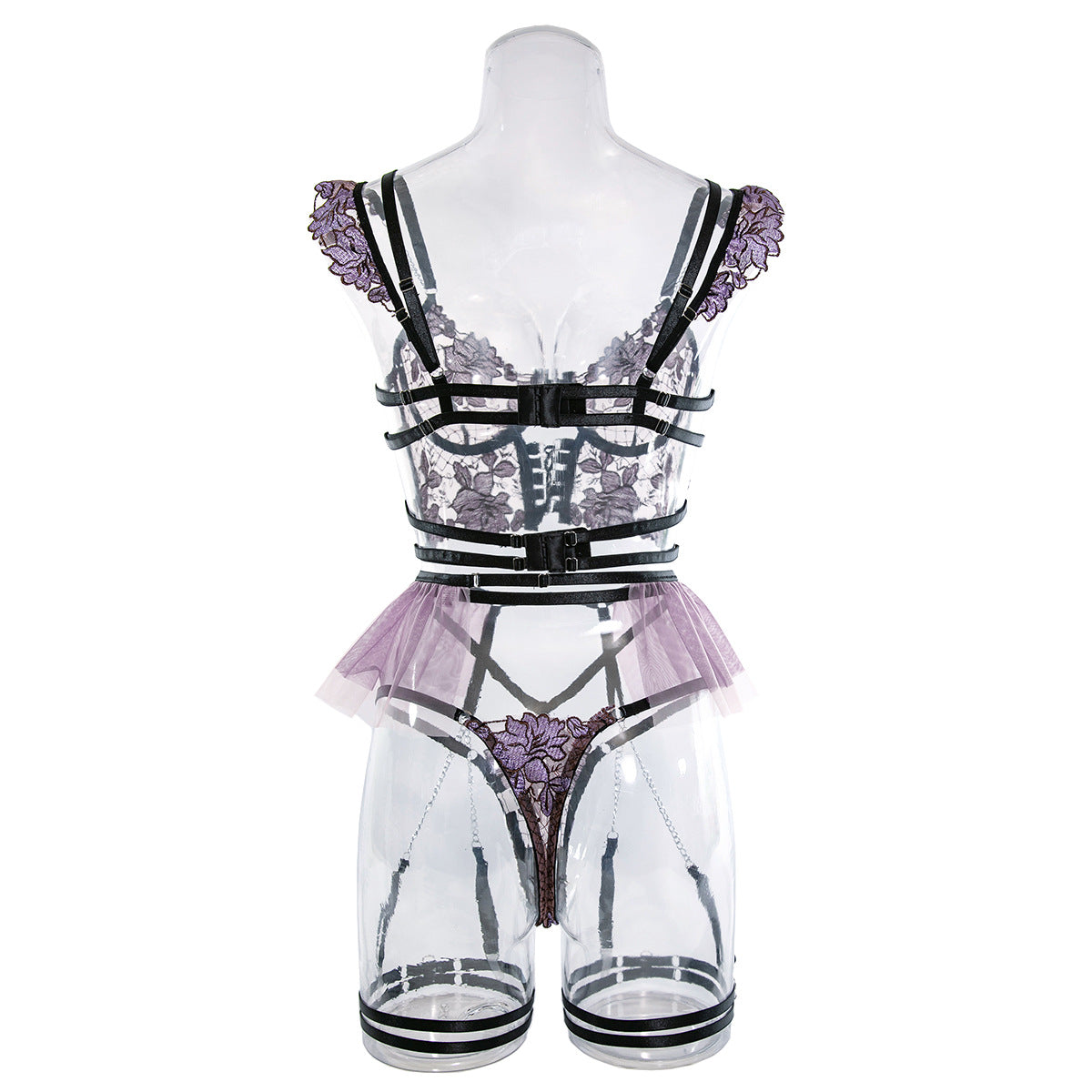 Embroidered Mesh Bustier Set with Metal Chain Shoulder Strap