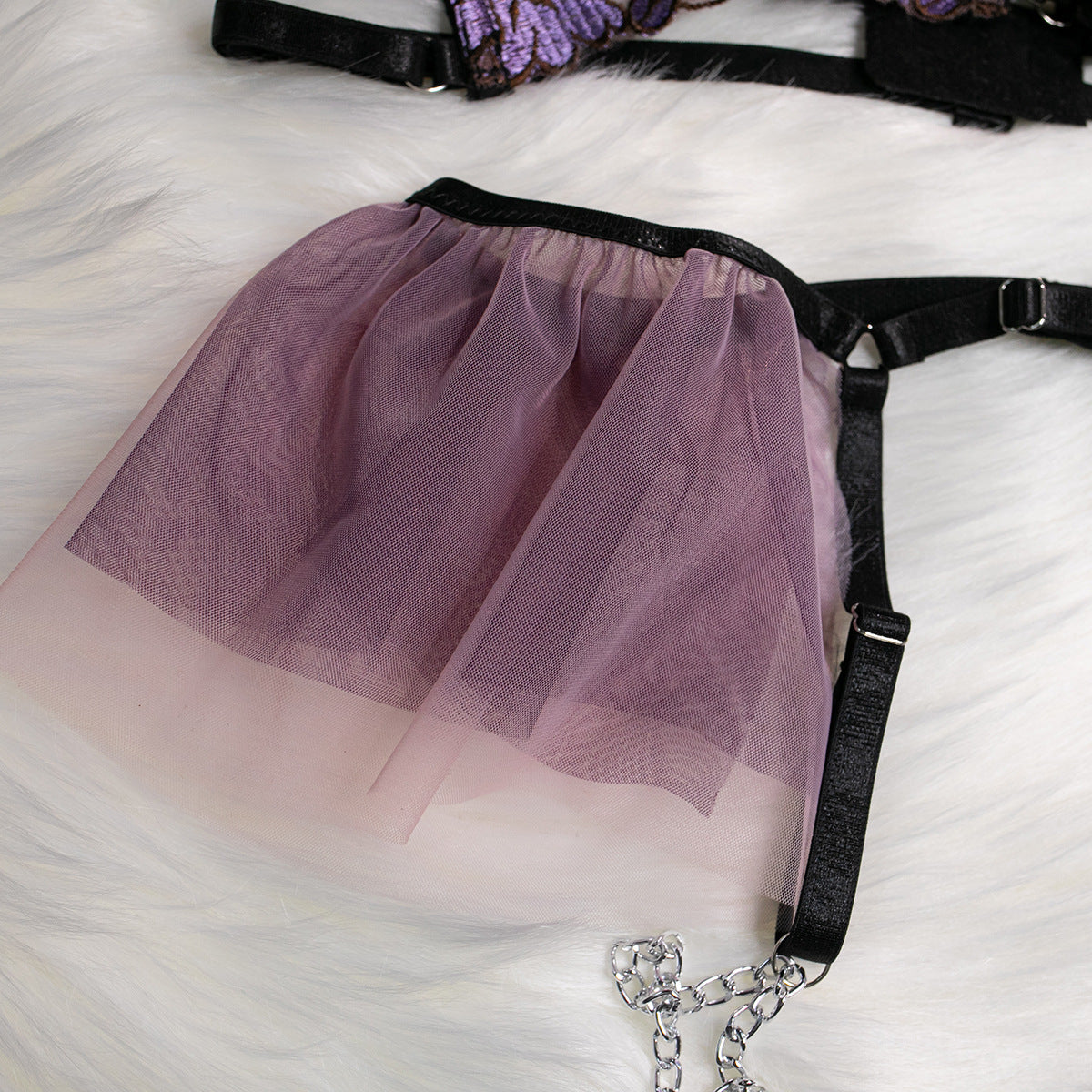 Embroidered Mesh Bustier Set with Metal Chain Shoulder Strap