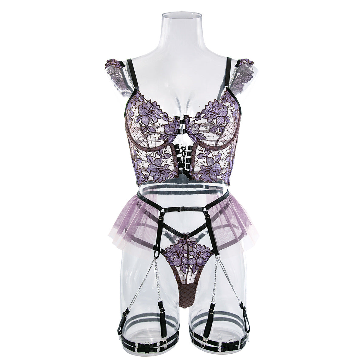 Embroidered Mesh Bustier Set with Metal Chain Shoulder Strap
