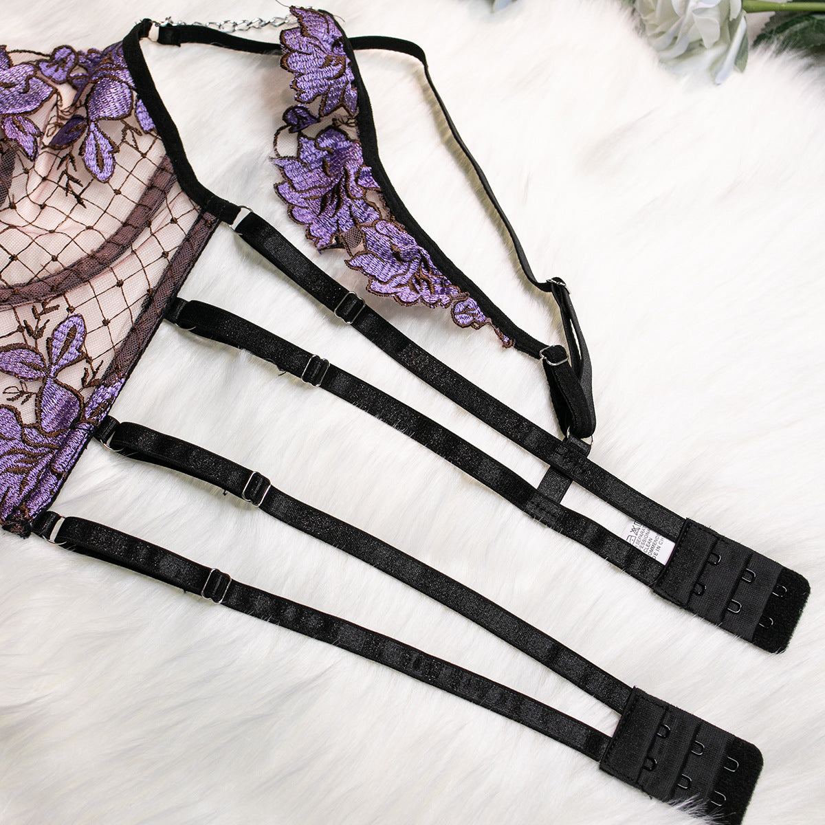 Embroidered Mesh Bustier Set with Metal Chain Shoulder Strap