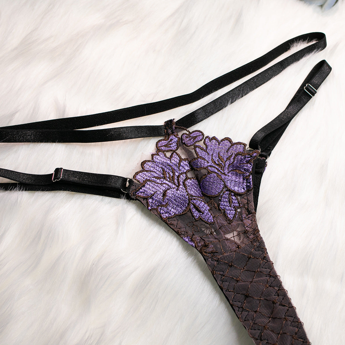 Embroidered Mesh Bustier Set with Metal Chain Shoulder Strap