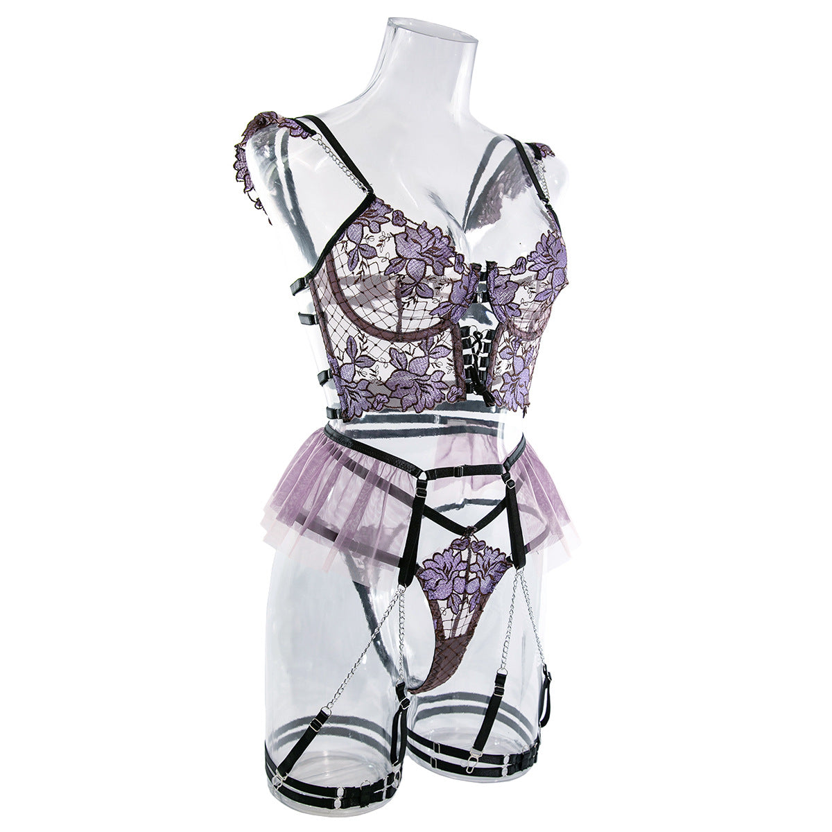 Embroidered Mesh Bustier Set with Metal Chain Shoulder Strap