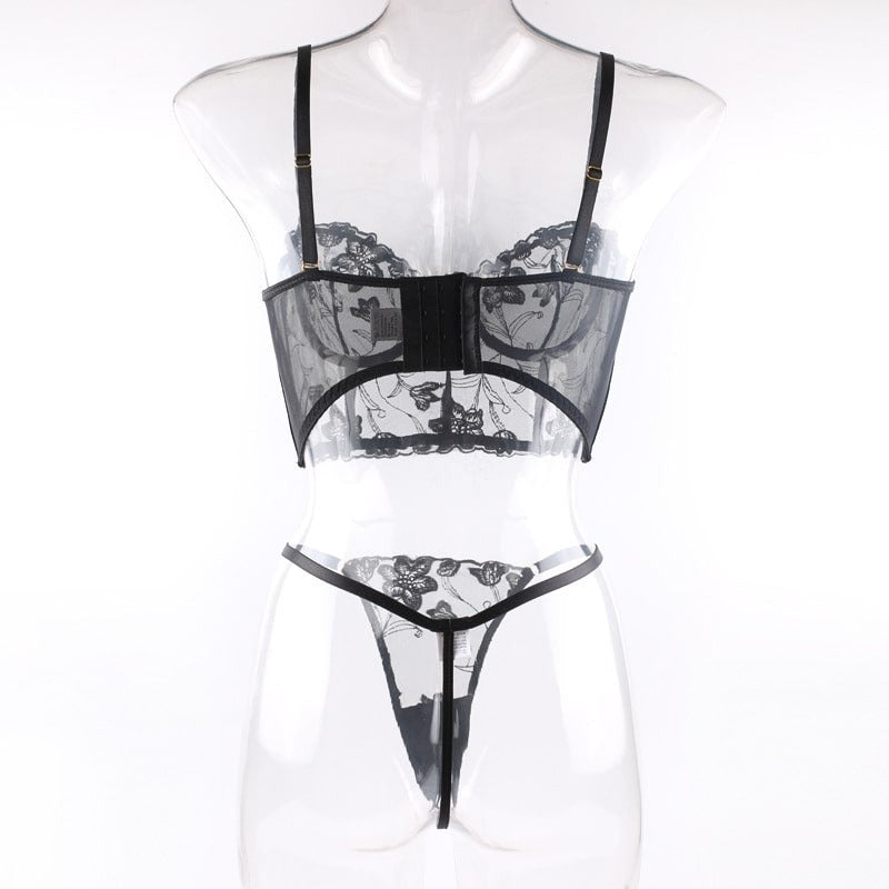 Embroidered Thong Sexy Bustier Bra Set