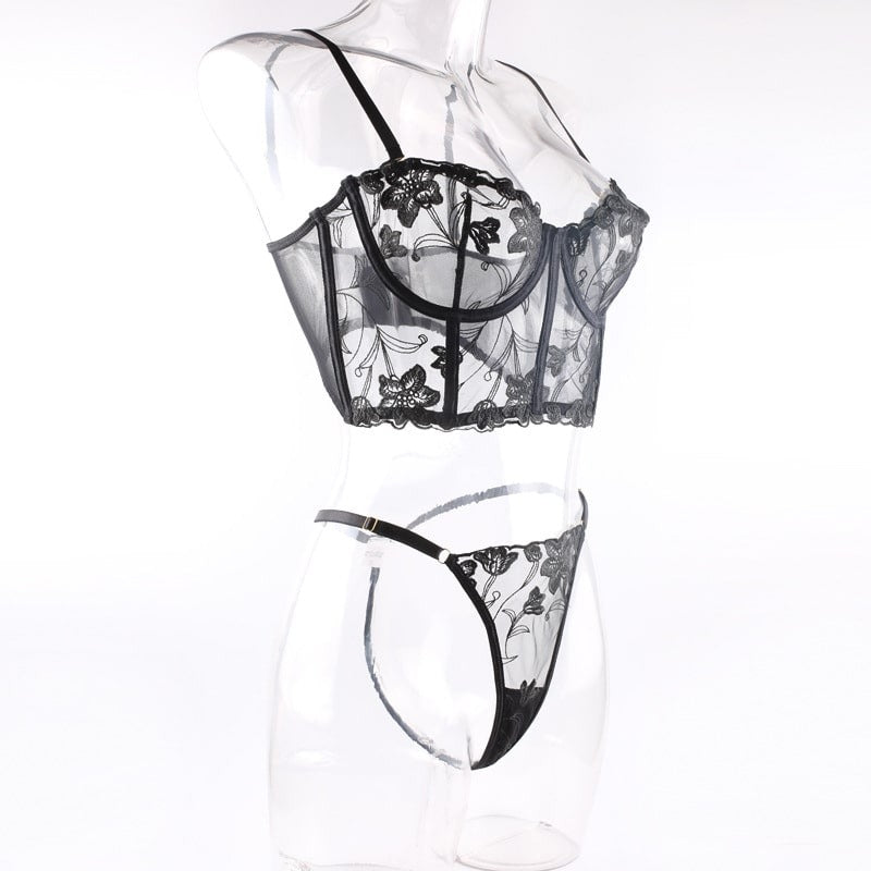 Embroidered Thong Sexy Bustier Bra Set
