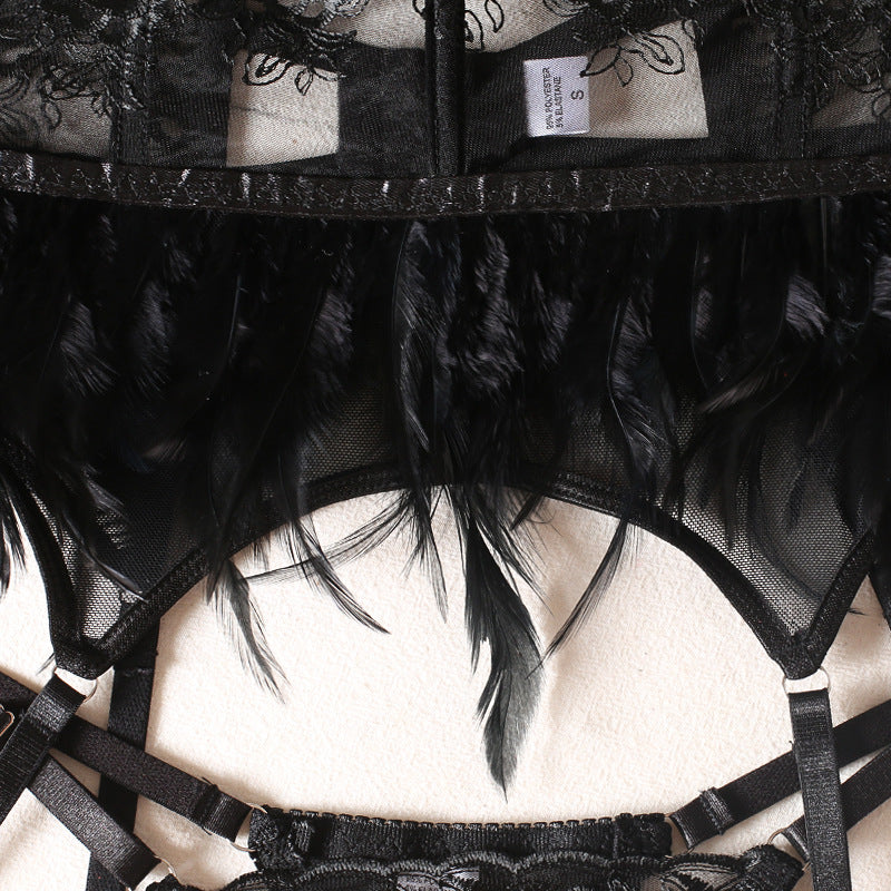 Enigmatic Feather-Trimmed Lace Lingerie Set