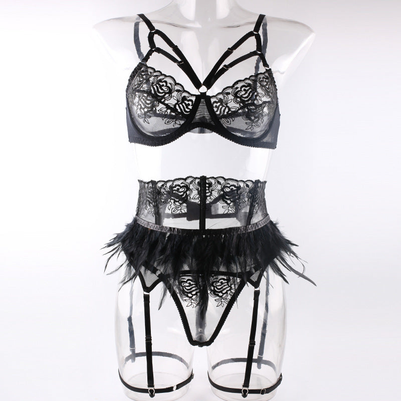 Enigmatic Feather-Trimmed Lace Lingerie Set
