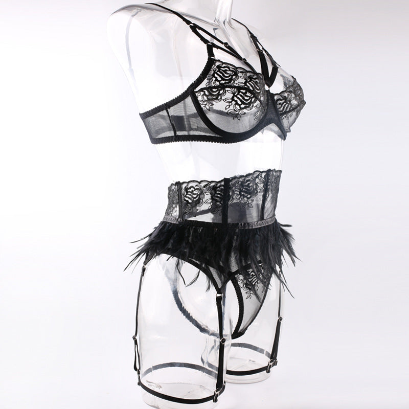 Enigmatic Feather-Trimmed Lace Lingerie Set