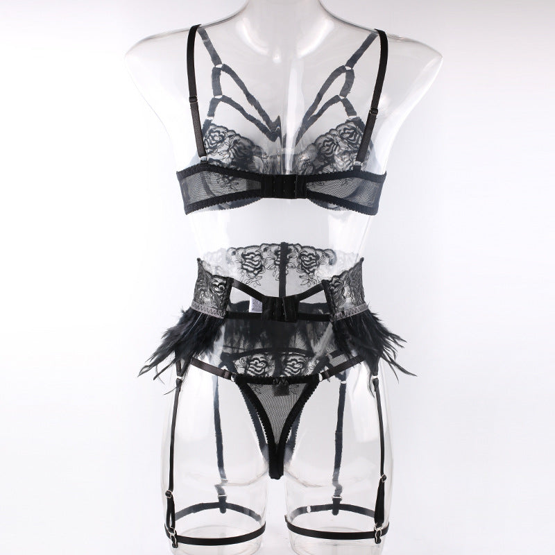 Enigmatic Feather-Trimmed Lace Lingerie Set