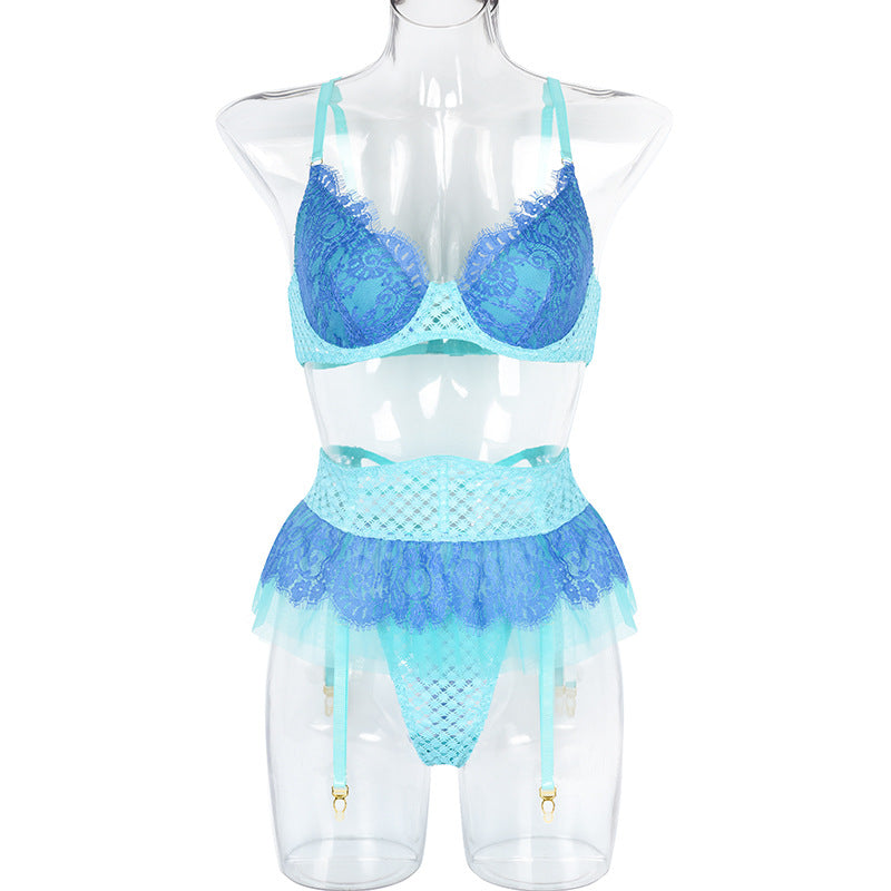 Feather-Strap Diamond Mesh Green Bra Set