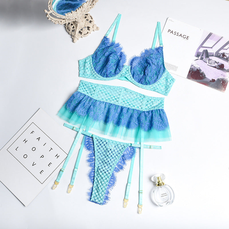 Feather-Strap Diamond Mesh Green Bra Set