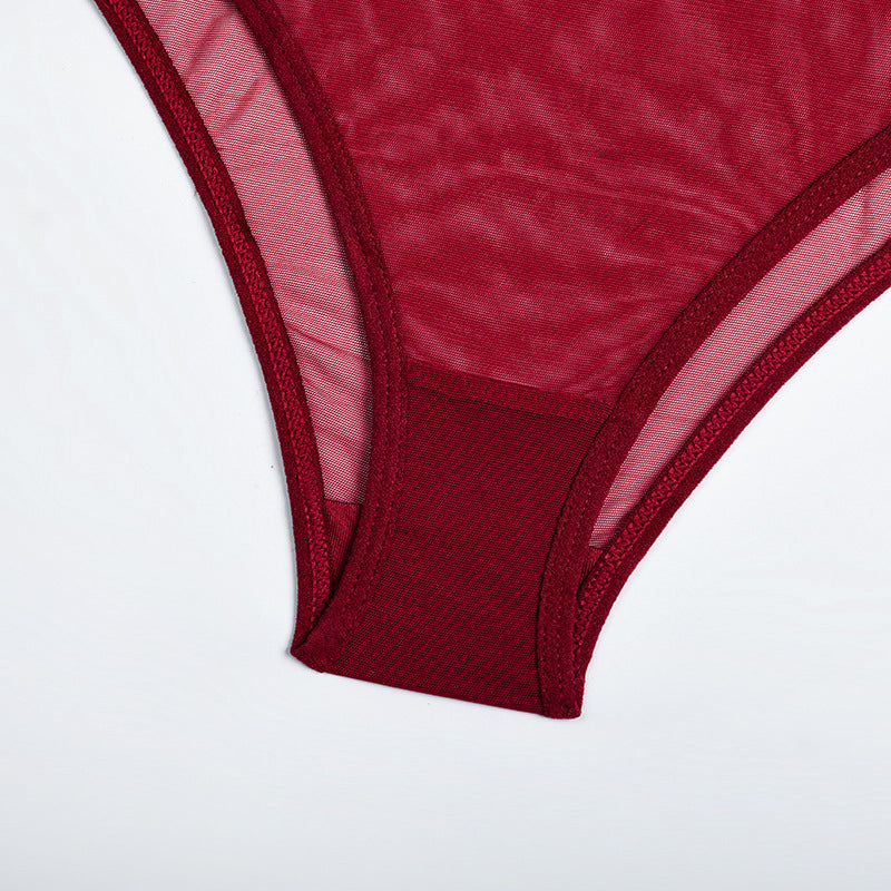 Fire Brick Sheer Mesh Bra and Panty Set with Feather