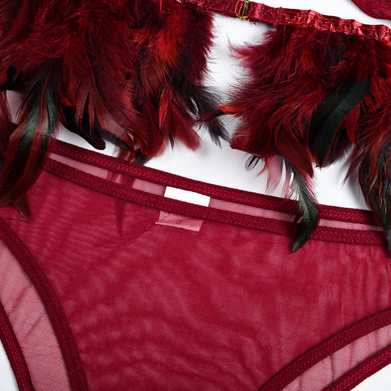 Fire Brick Sheer Mesh Bra and Panty Set with Feather