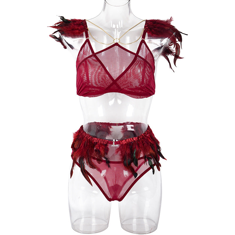 Fire Brick Sheer Mesh Bra and Panty Set with Feather