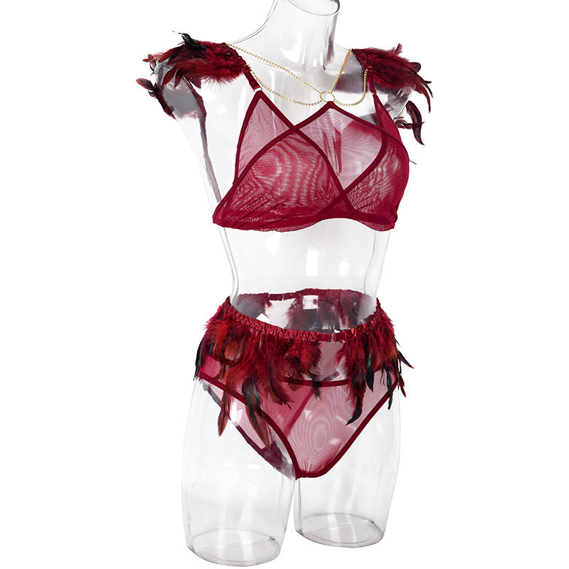 Fire Brick Sheer Mesh Bra and Panty Set with Feather