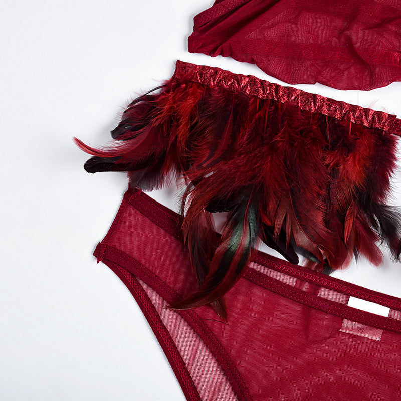 Fire Brick Sheer Mesh Bra and Panty Set with Feather